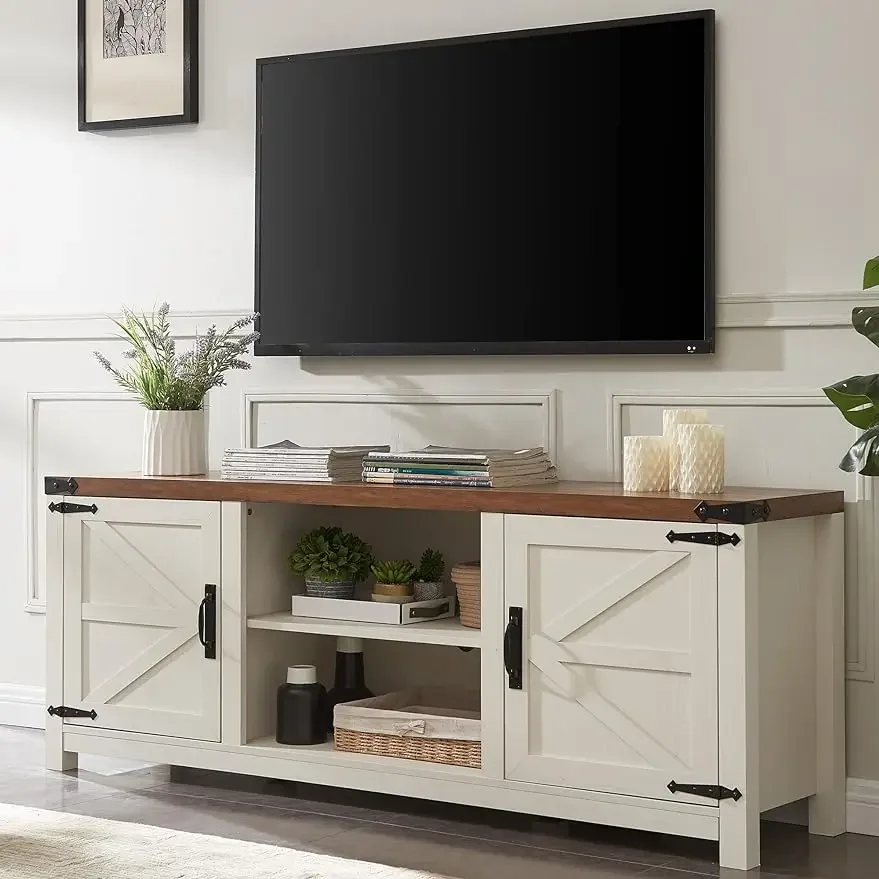 

TV Stand for TVs Up to 75in,Wooden Barn Door Media TV Console Table w/ Storage Cabinets,Entertainment Center,Antique White