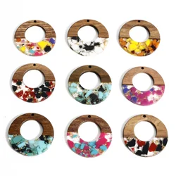 2Piece Vintage Wooden Charms Round Hollow Wood Splicing Resin Pendant For Jewelry Making Diy Women Earrings Necklace 3.8cm Dia.