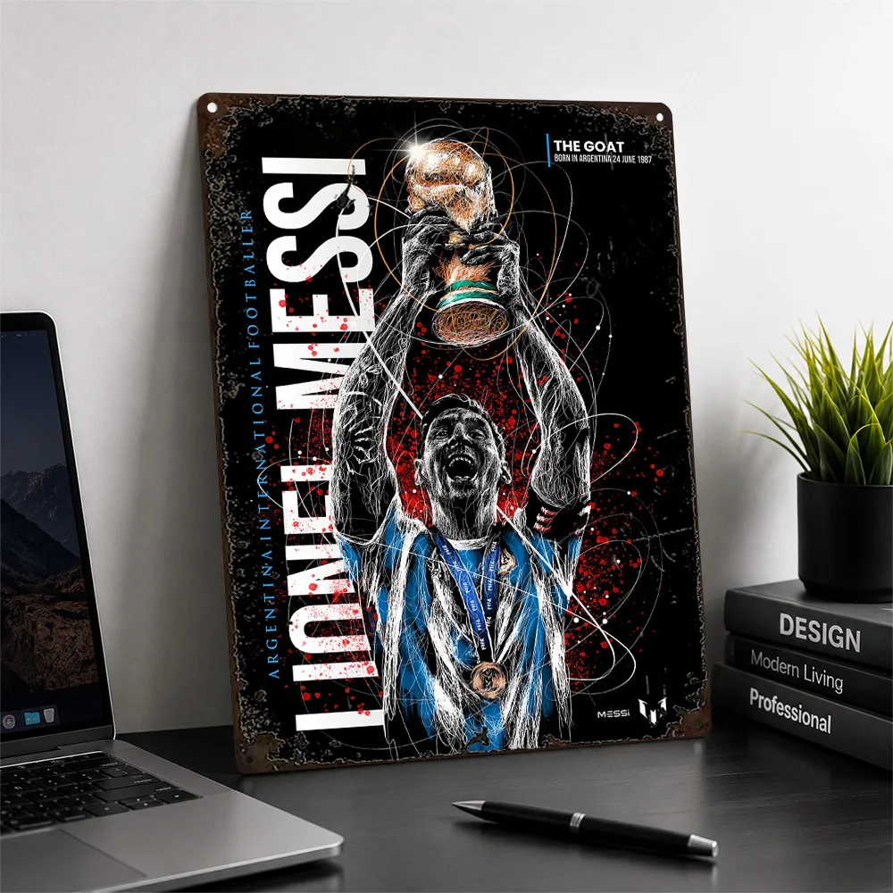 Lionel Messi Trophy Celebration Aluminum Poster Scribble Wall Art For Training Studio Personalized Metal Sign Football Fan Gift