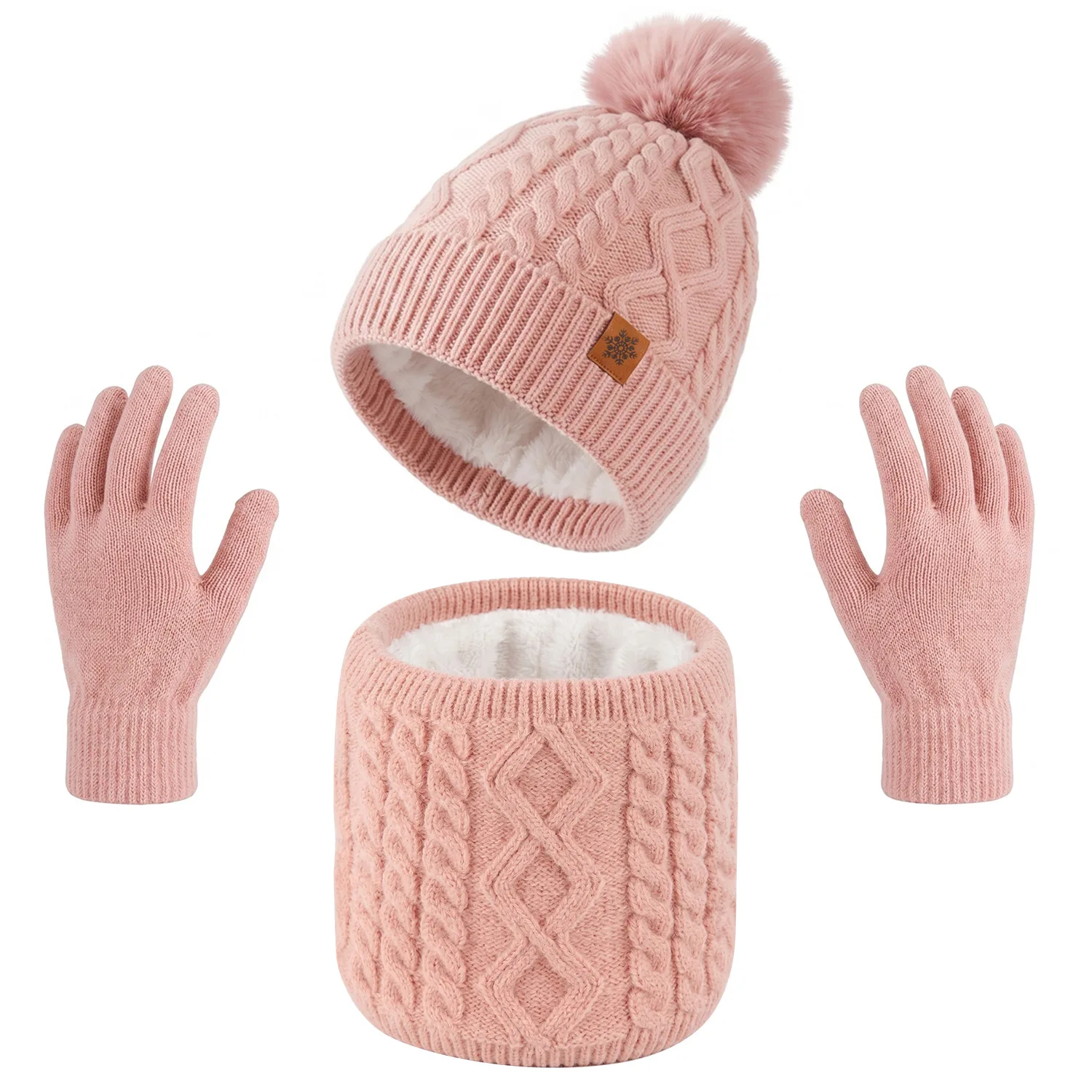 Women's Winter Fleece Lined Knit Hat Scarf Gloves Set Outdoor Riding Ear Cover Warm Beanie EU US