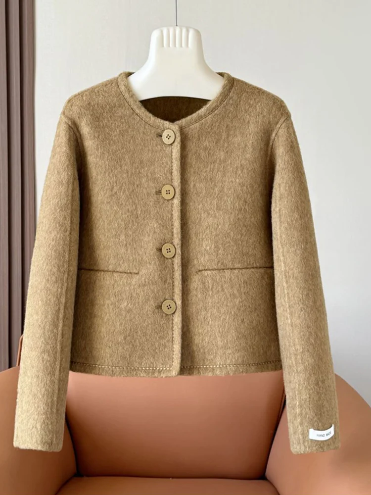 

Ele Double-Sided Camere Coat Women's ort round Ne Woolen Outerwear Spring Autumn New Sle Commute Straight Cut