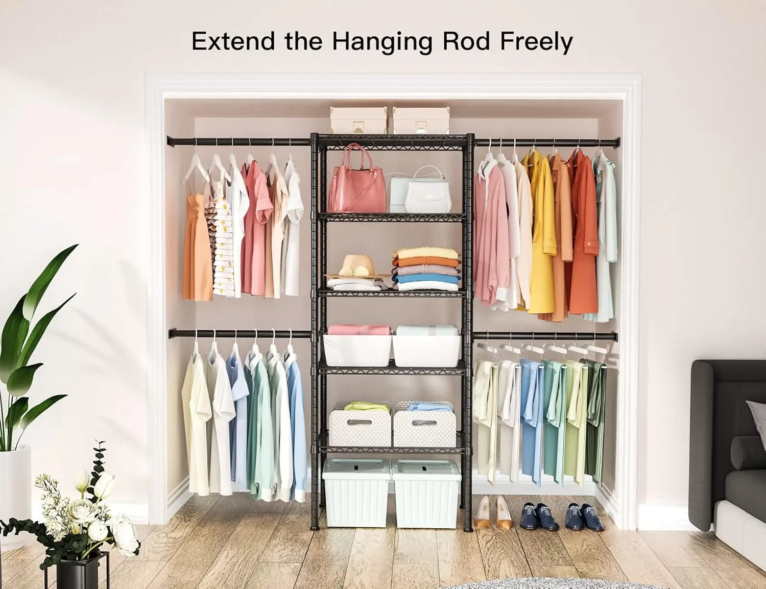 Closet Organizer System, 5.9 Feet Height Mounted to the Wall Garment Rack with 4 Expandable Hanger Rods, 5 Shelves in 23.6