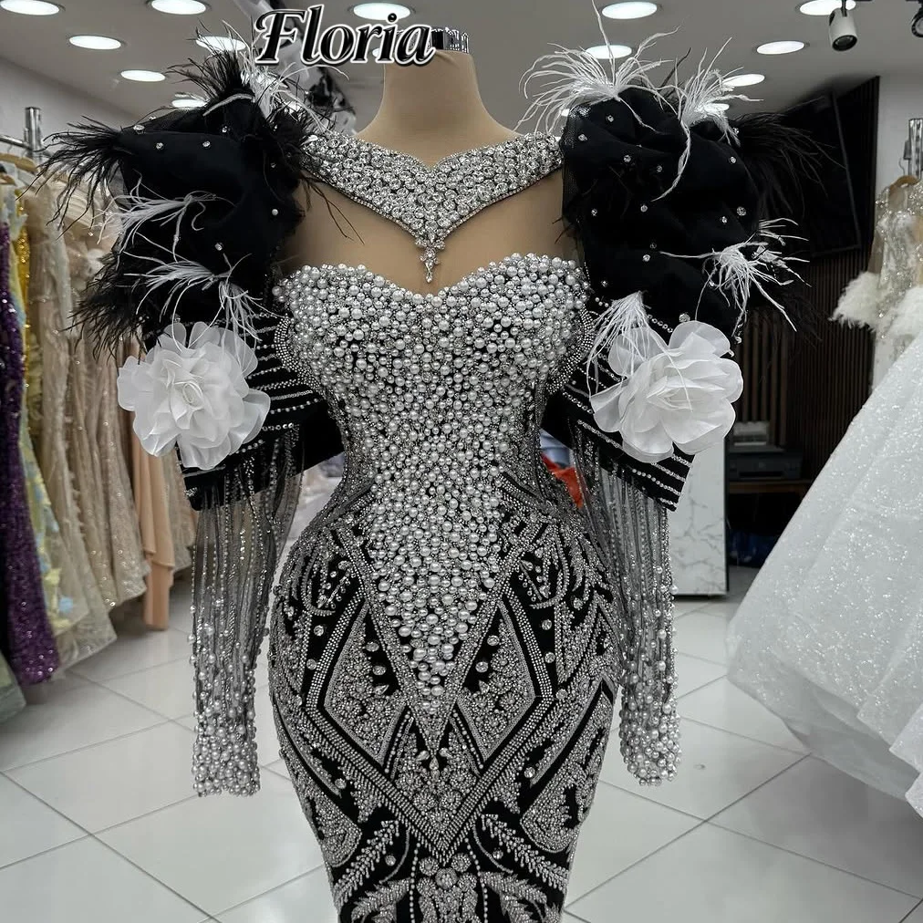 

Black Prom Dress With Silver Crystals Lace Formal Evening Gowns Luxurious 2026 New Long Sleeve Customized Wedding Party Dress
