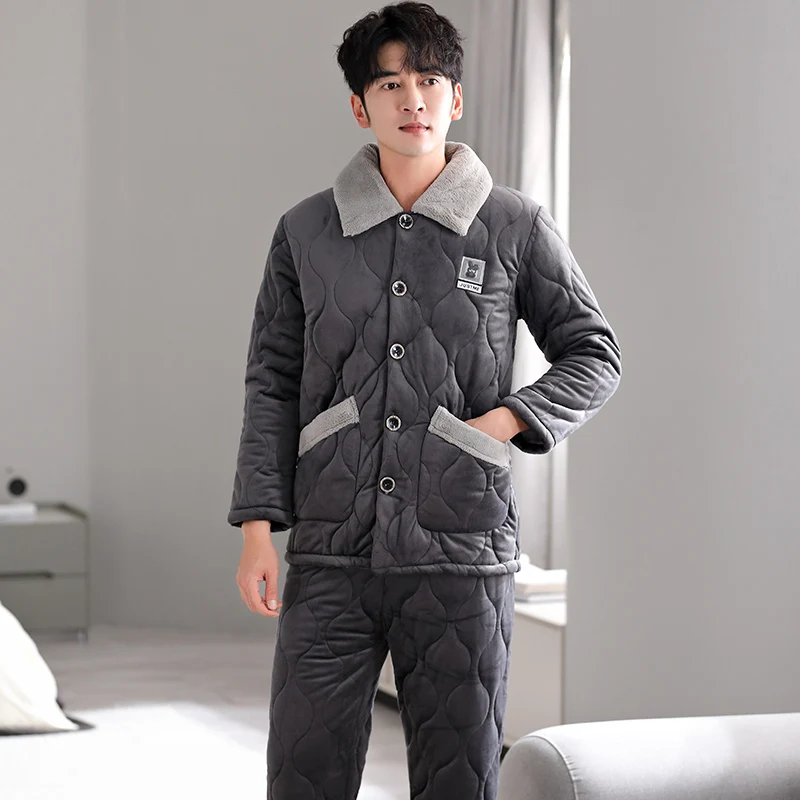 

Newest Winter Pajamas Set Men Thick 3 Layer Clip Cotton Sleepwear Men's Turn-down Collar Pijama Hombre