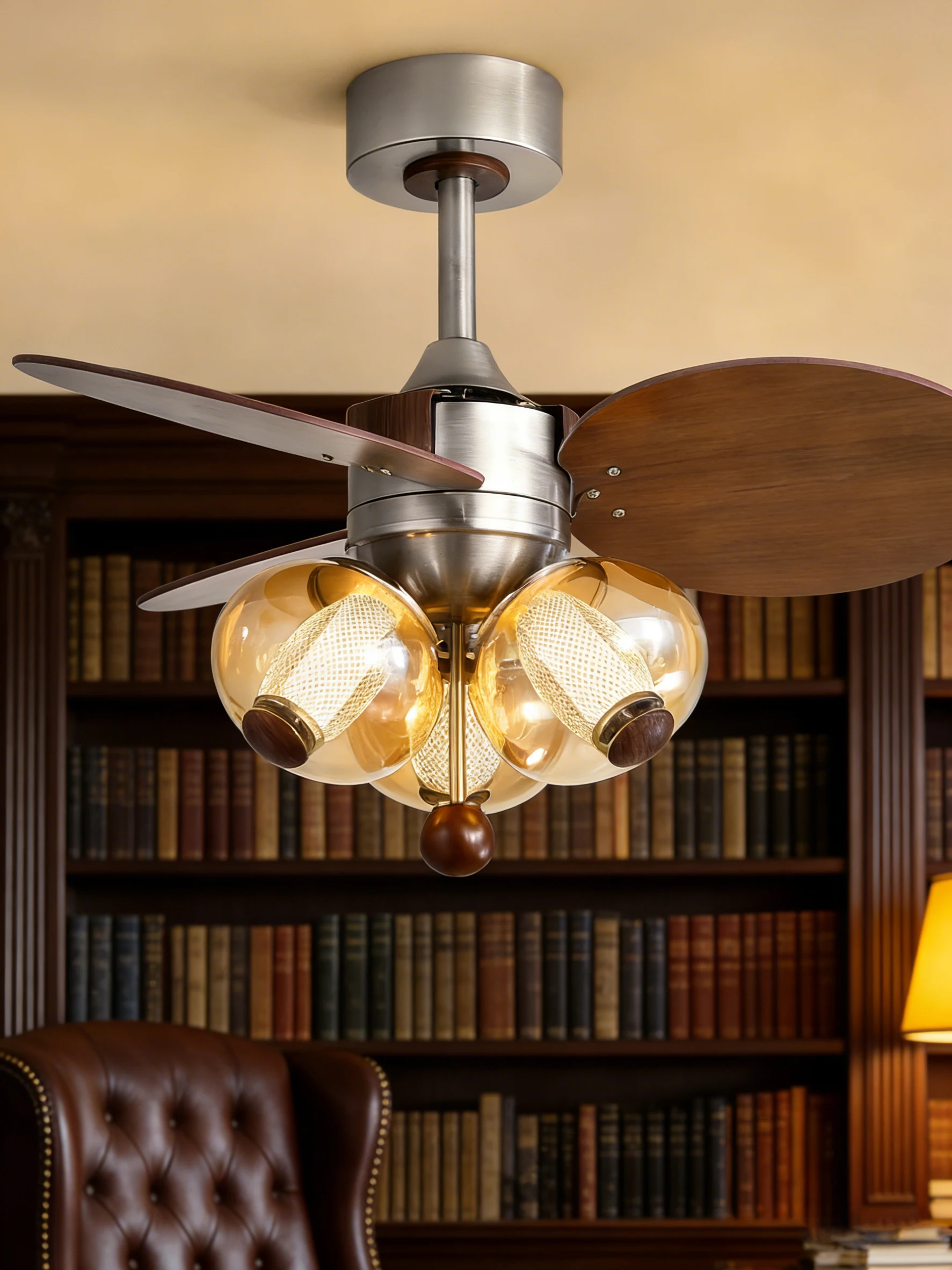 

BOSSEN простой подвесной светильник в скандинавском стиле, ореховая стеклянная сфера, хромированный вентилятор, люстра с регулируемой яркостью, теплый белый цвет для столовой в спальне