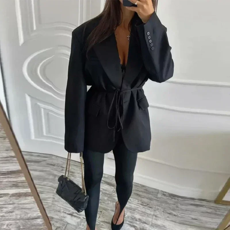 

Casual Belt Loose Women Blazer Single Button Long Sleeve Lapel Solid Female Coats 2025 Autumn Lady Street Outwear New