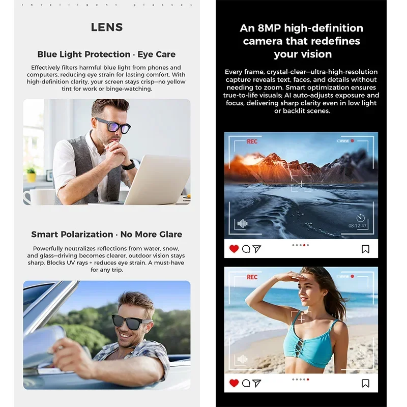 New AI Smart Professional-Grade Camera Glasses AI Voice 8MP HD Video Surround-Sound Music Bluetooth Call Wifi Smart Glasses