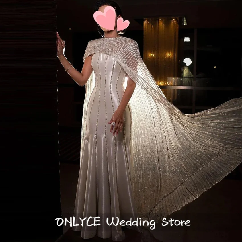 

Long Evening Gowns for Dubai Woman Watteau Cape Beading Formal Occasion Mermaid Saudi Arabian Prom Dress Customized