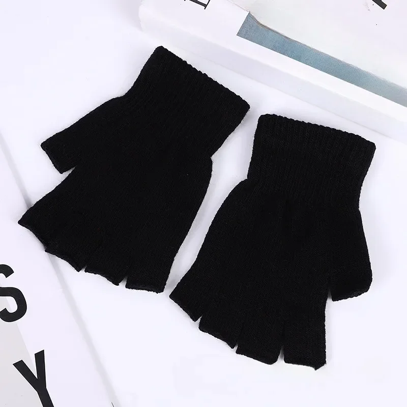 

1pair Black Short Half Finger Fingerless Knit Wrist Glove Winter Warm Stretch Work Gloves for Women and Men Cycling Accessories