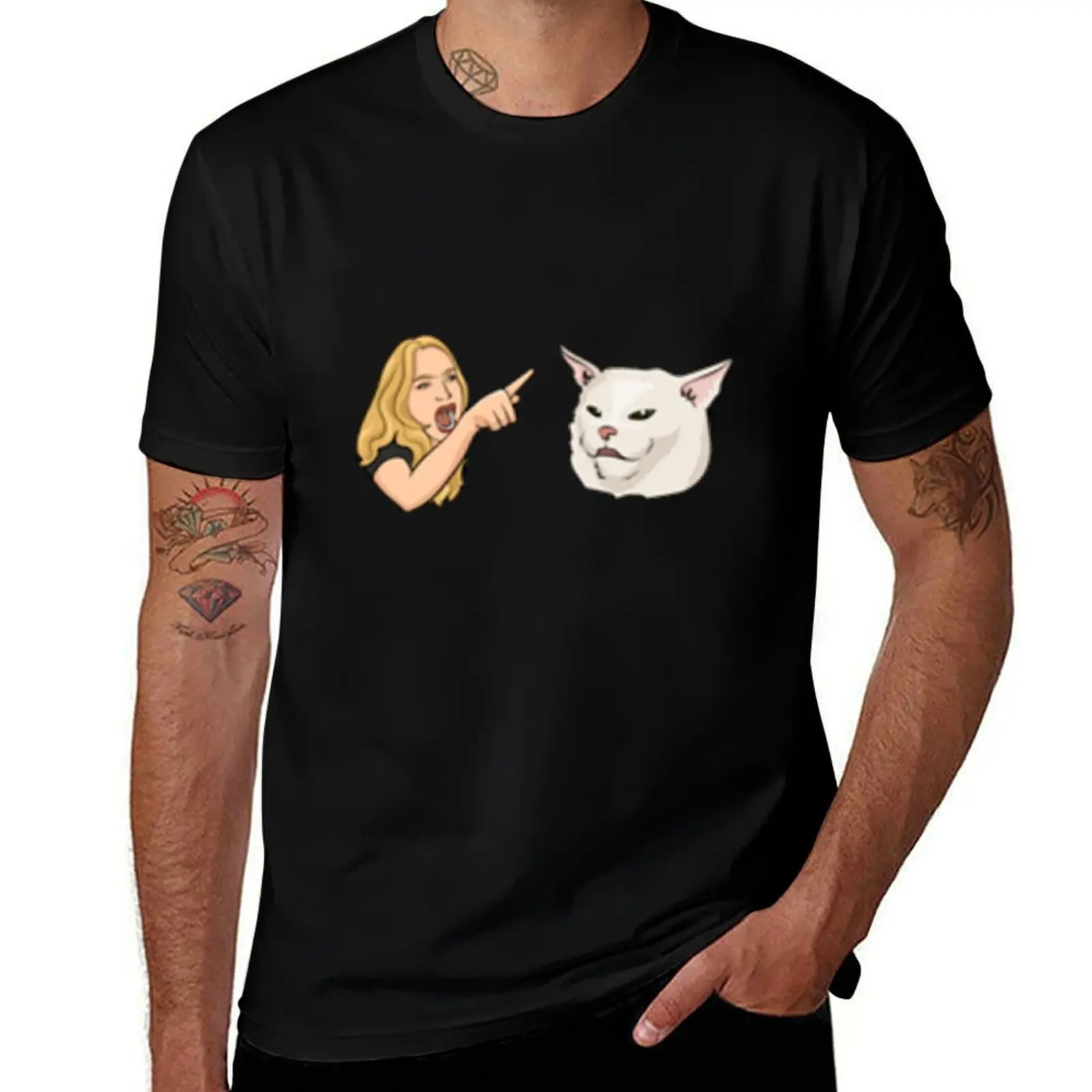 Woman Yelling At Confused Cat T-Shirt Casual Daily Wear Short Sleeve Top T-Shirt