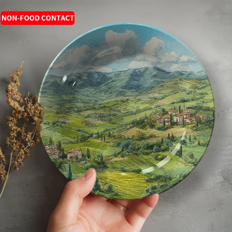 1pc placa decorativa de cerâmica pintada à mão-escena de vila de paisagem de campo com colinas rolantes, fazendas e árvores de cipreste