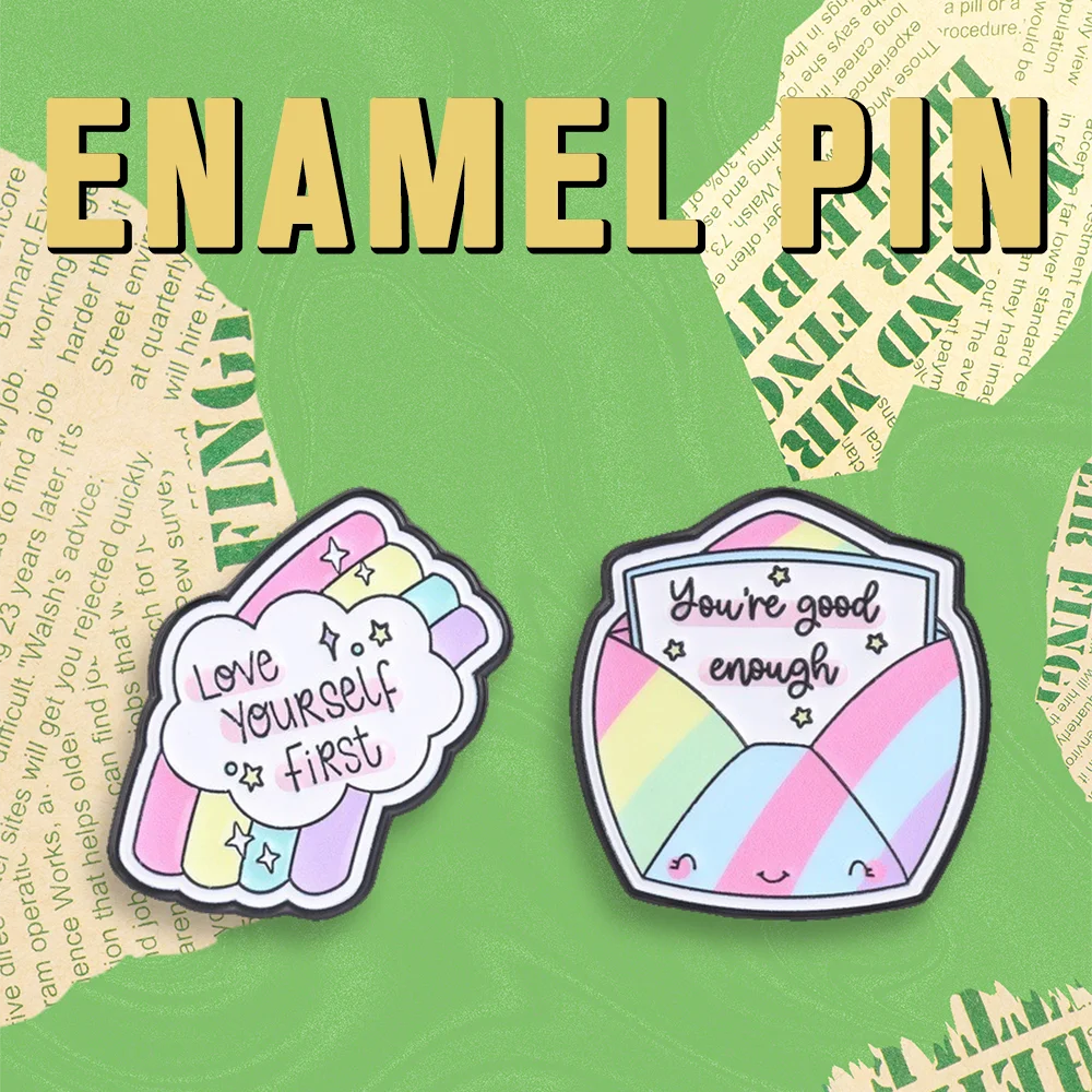 Cute Pastel Rainbow Positive Text Enamel Pin Self Care Inspirational Slogan Brooch Mental Health Decor Backpack Badge