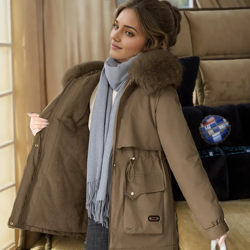 

2024 New Plush Thicken Pie Overcomes Women's Winter Korean Loose Cotton Jacket Workwear Big fur collar Female Hooded Warm Coat