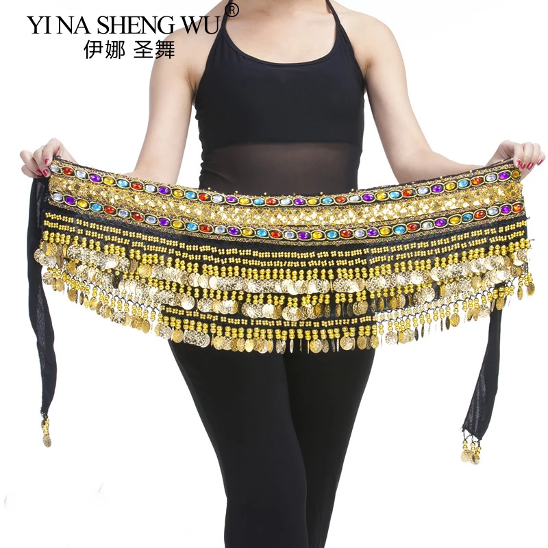 Mulheres dança do ventre cintura corrente cinto 248 moedas duplo diamante veludo hip cachecol índia/dança do ventre prática desempenho acessórios