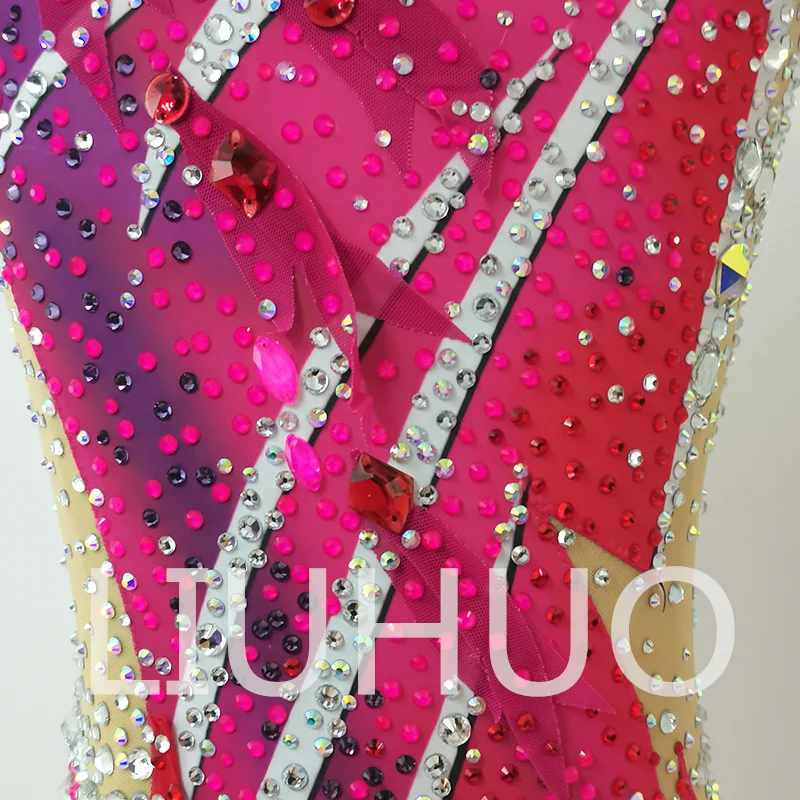 LIUHUO 리듬 체조 레오타드 소매 없음 소녀를 위한 핑크 경쟁 치어리딩 공연