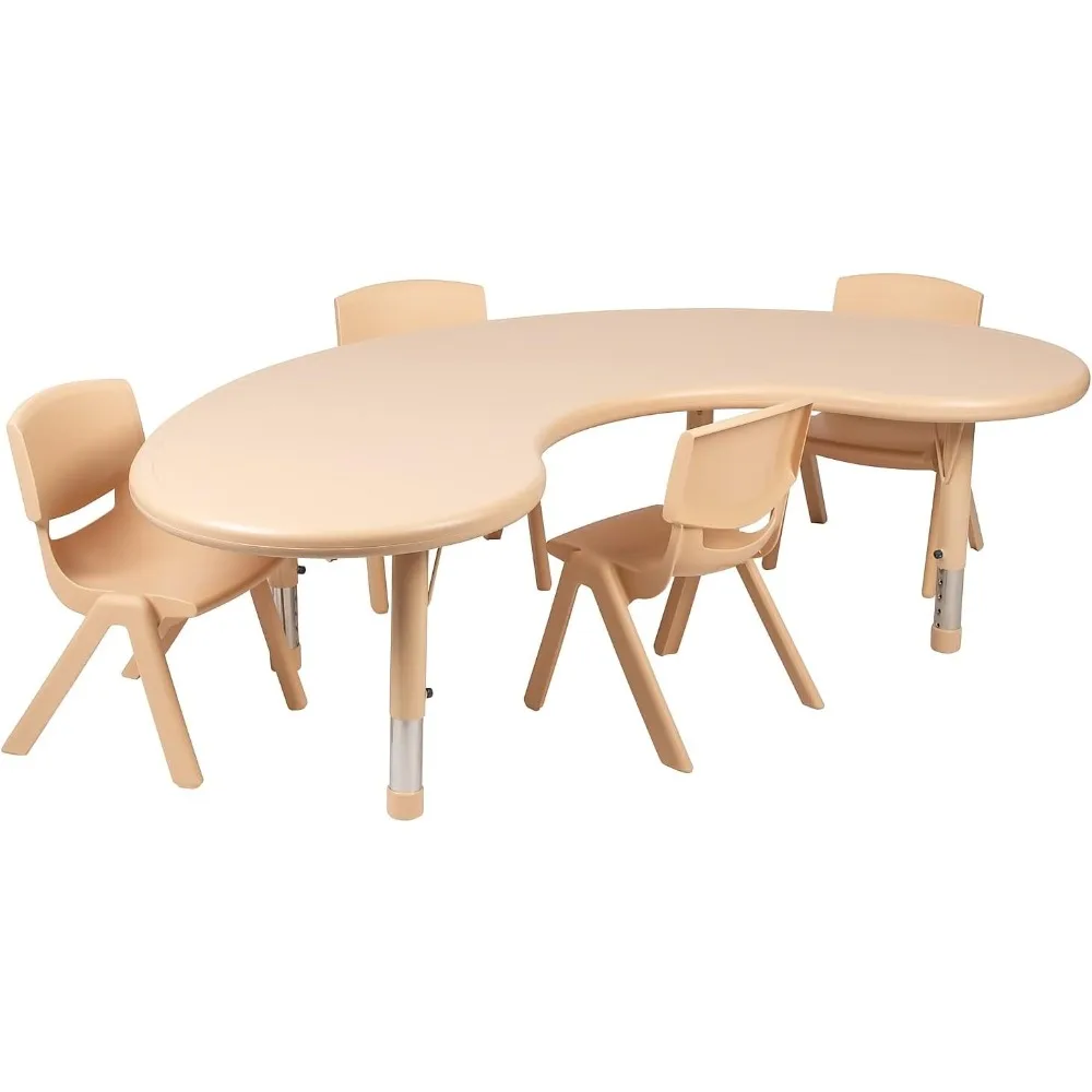 

Children's desk, 35 "W x 65" L long crescent shaped natural plastic height adjustable, with 4 chairs, children's desk