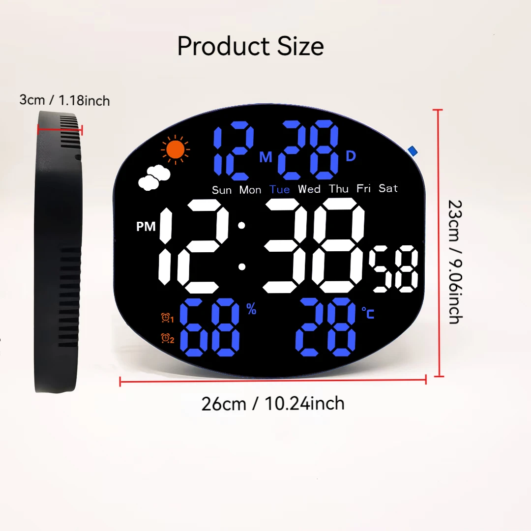 2025 New Mirrored Large Digital Clock with Remote Control, White and Blue/White and Green/White and Red/White and Orange Fonts