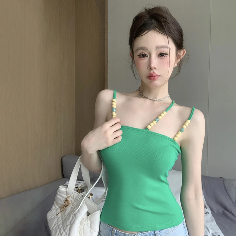 

Slim Camisole For Women Stretchy Irregular Summer Bead String Designed Temper Spicy Girls High Street Korean