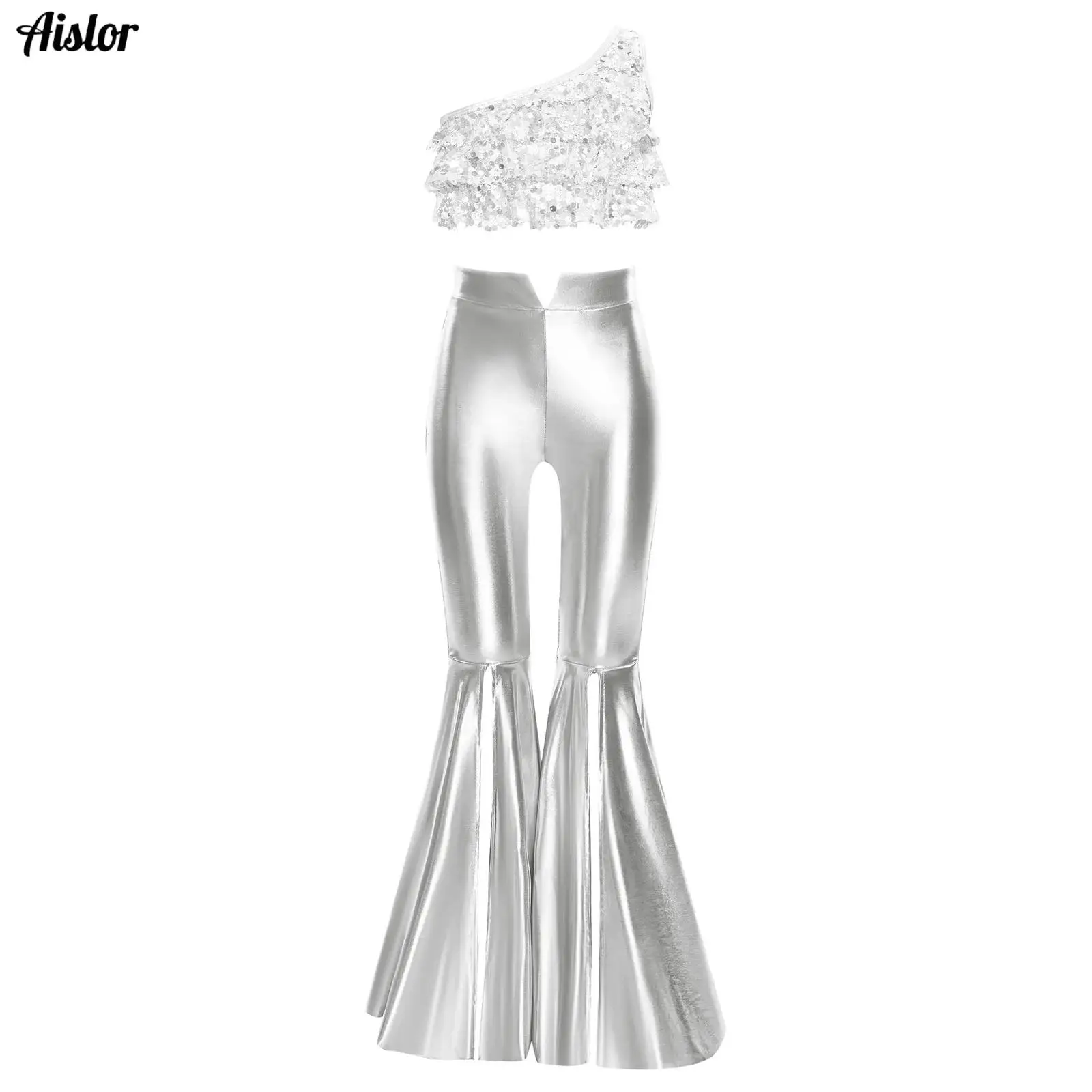 

Kids Girls Jazz Dance Outfit Two Pieces Shiny Sequins Dancewear Sets Metallic Crop Top with Bell-Bottom Pants Party Costumes