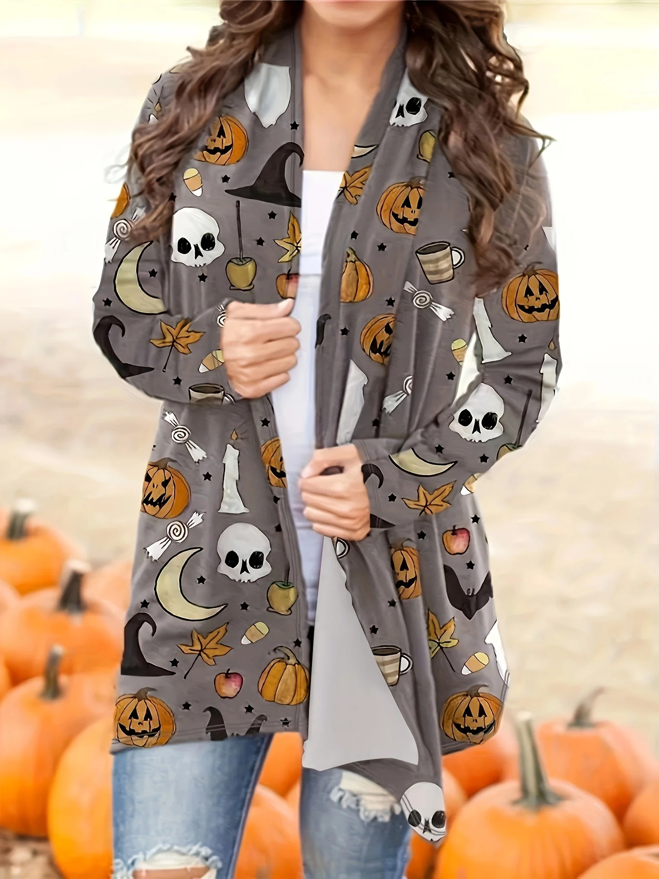 

Кардиган больших размеров с графическим принтом на Хэллоуин, открытое переднее пальто с рукавами «летучая мышь», осенние модные повседневные куртки для женщин