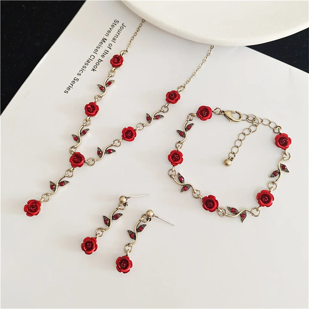 Vintage Red Rose Flower Necklace Bracelet Earring Jewelry Set for Women Tassel Earring Clavicle Chain Wedding Engagement Jewelry