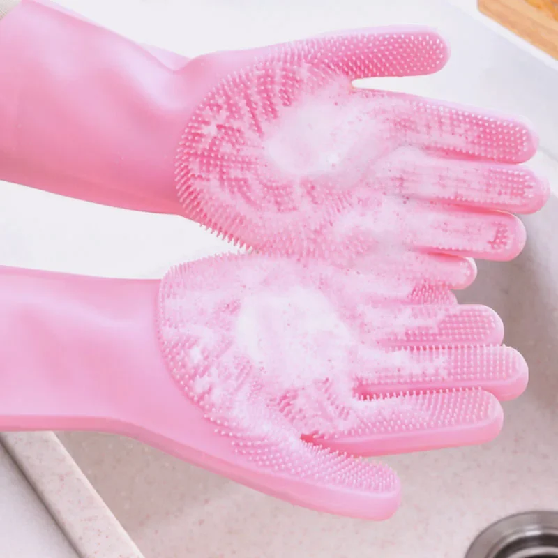 1 Pair Dishwashing Cleaning Gloves Magic Silicone Rubber Dish Washing Gloves for Household Sponge Scrubber Kitchen Cleaning Tool