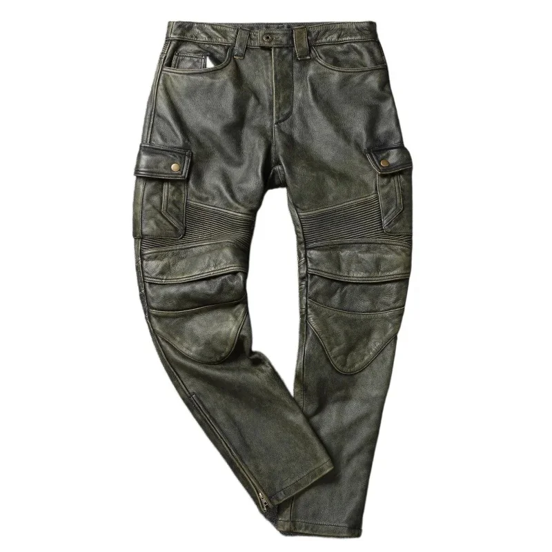 

Army Vintage Green Men Leather Pant Genuine Cowhide Motorcycle Pants Mens Trousers Calca Masculina Pantalones Hombre