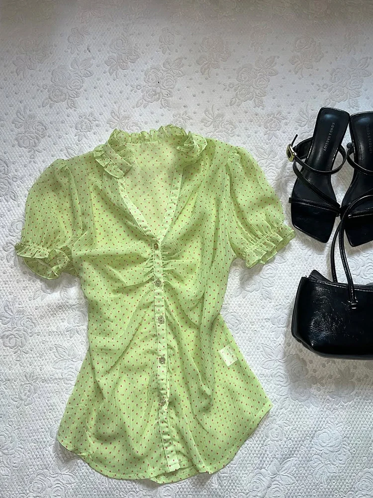 Original Faion een Polka Dot ort Sve irt f Sp Girl haut de gamme Sle été nouveauté polyvalent minceur Cott...