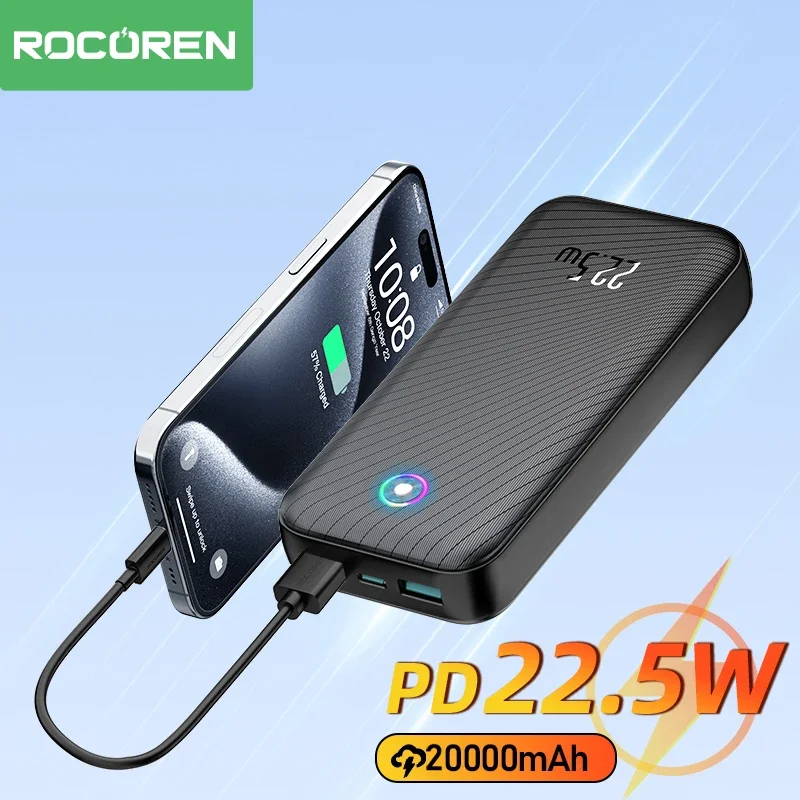 

Rocoren 22.5W Power Bank 20000mAh QC PD 3.0 Fast Charging PowerBank 10000mAh External Battery For iPhone 15 Pro Samsung Xiaomi