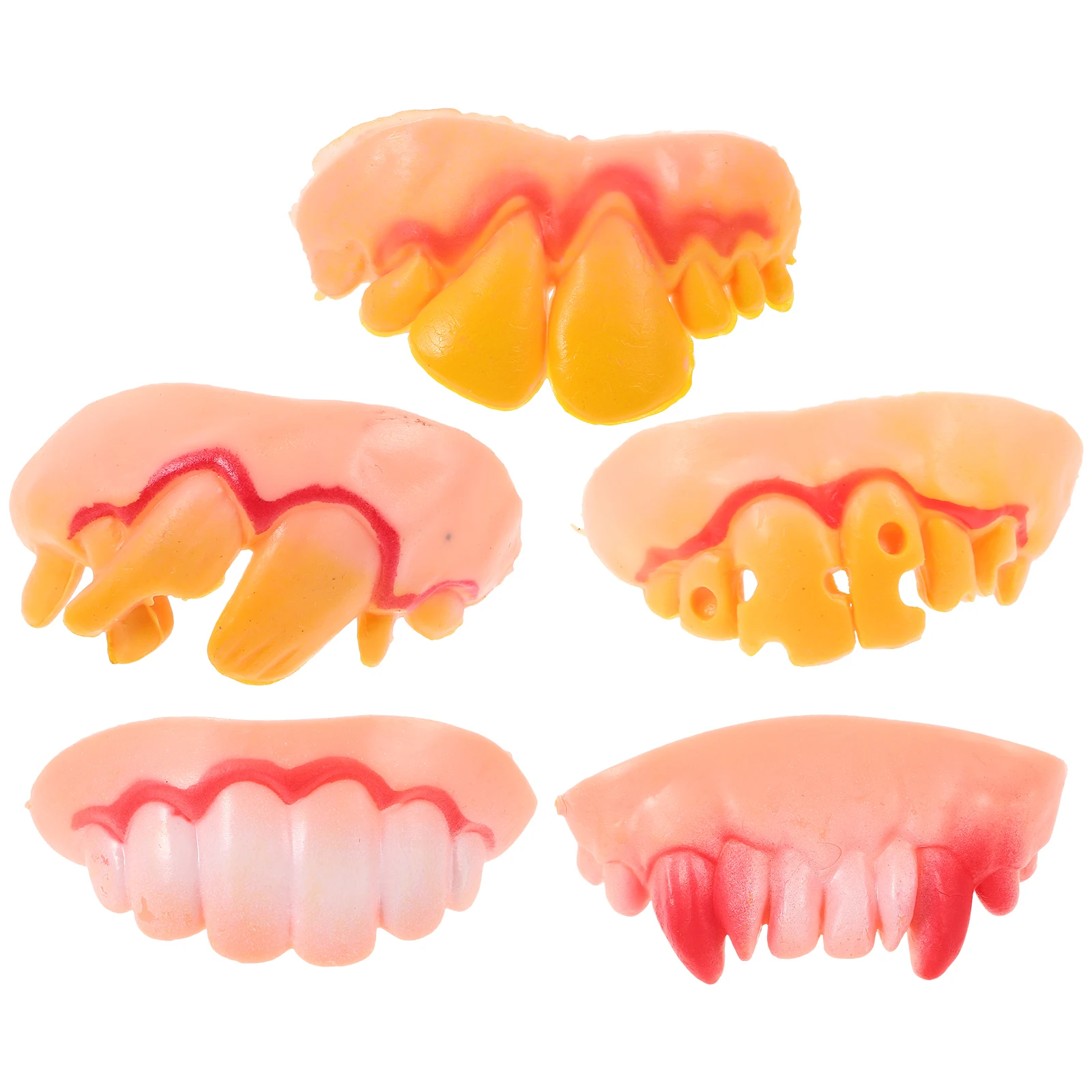 5 szt. Śmieszne, szalone sztuczne zęby z twardego plastiku, rekwizyt na Halloween, Wielkanoc, bal maskowy, losowy kształt, gadżet, żart.
