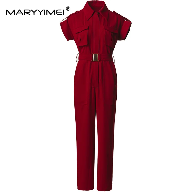

Gedivoen Fashion design Women Turn-Down Collar Short-Sleeved Pocket Lace Up Slim Solid Jumpsuits Spring Summer 2025 New