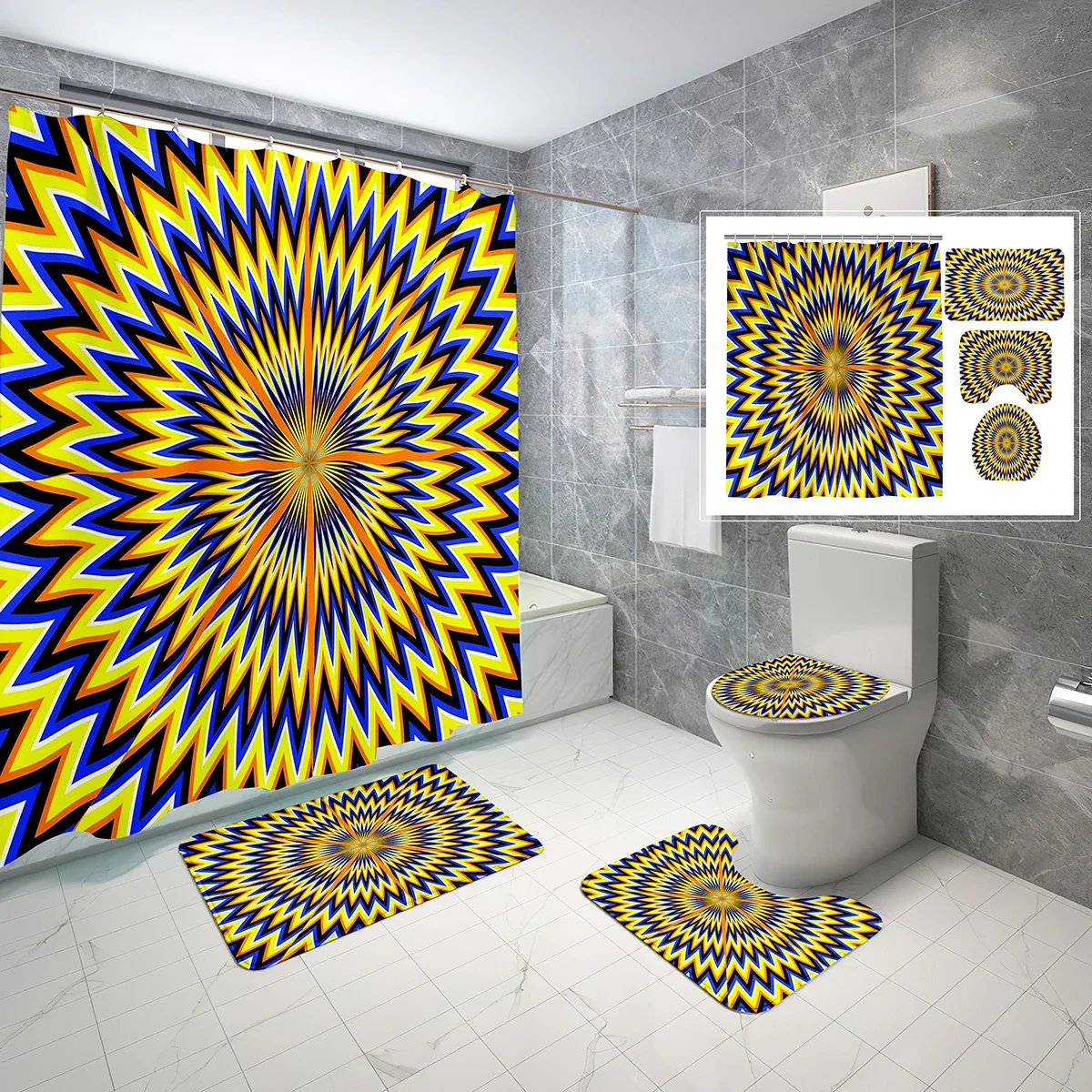 

4 Pcs Psychedelic Scene Shower Curtain Sets Abstract Illusion Non-Slip Bath Mat Toilet Cover Waterproof Shower Curtain Set