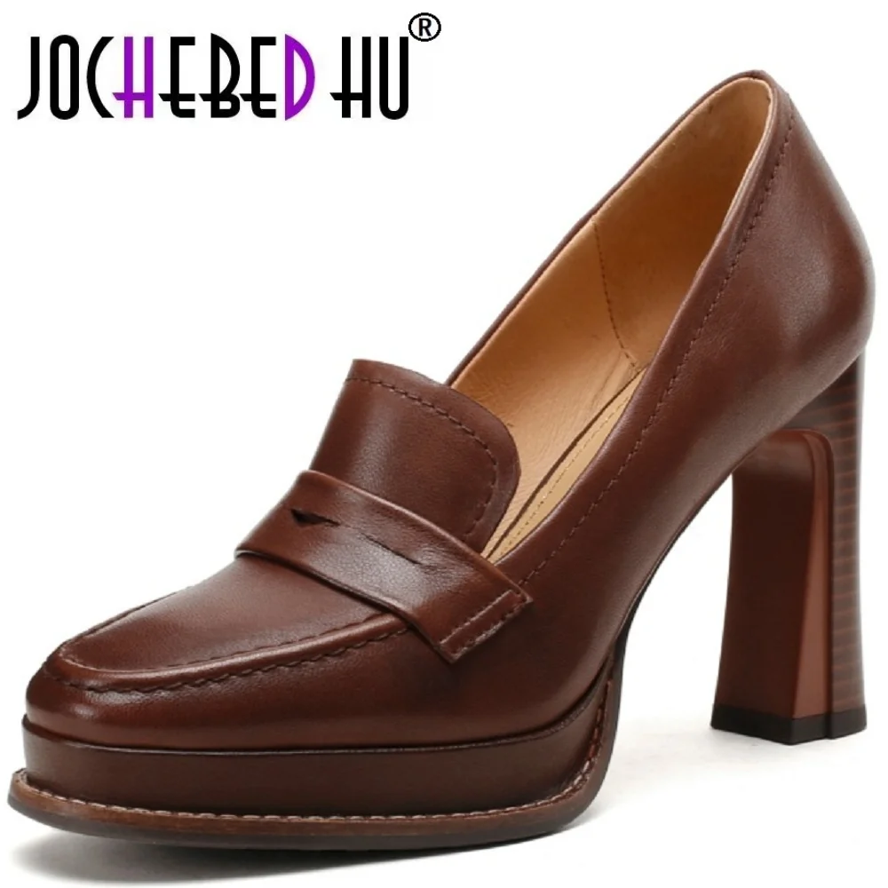 【JOCHEBED HU】Nowe Retro Ręcznie Robione Skórzane Miękkie i Wygodne Damskie Eleganckie Buty na Grubej Platformie z Wysokim Obcasem