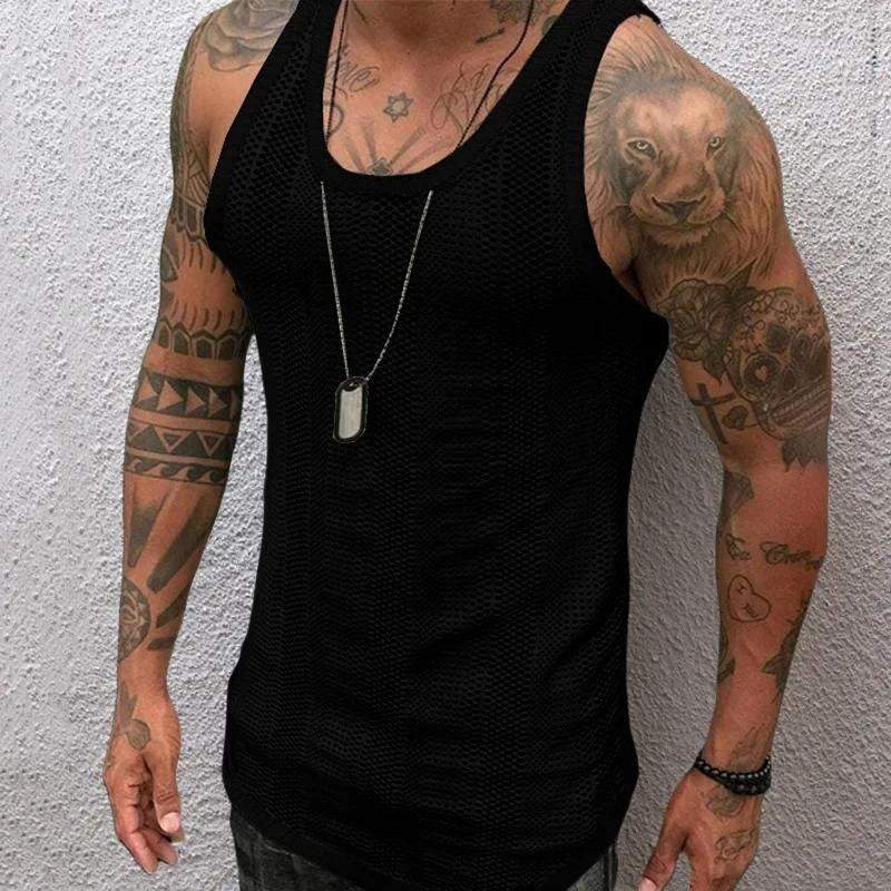 

New European and American men's clothing_Summer thin sleeveless men's vest_White mesh hollow sports top