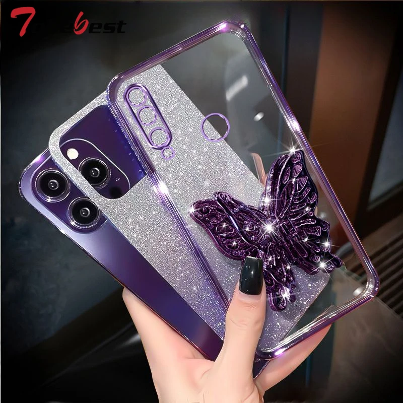 3D Butterfly Phone Holder Bead bracelet Glitter Plating Case for Huawei Y9 Prime Y7 2019 Y6P Y7a Back Cover