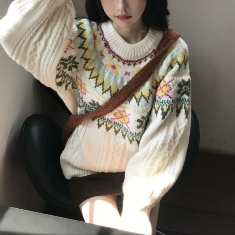 

2025 Y2k Эстетический сладкий жаккардовый свитер в стиле гранж в консервативном стиле, женский винтажный пуловер в стиле Харадзюку, осенний повседневный свободный трикотаж