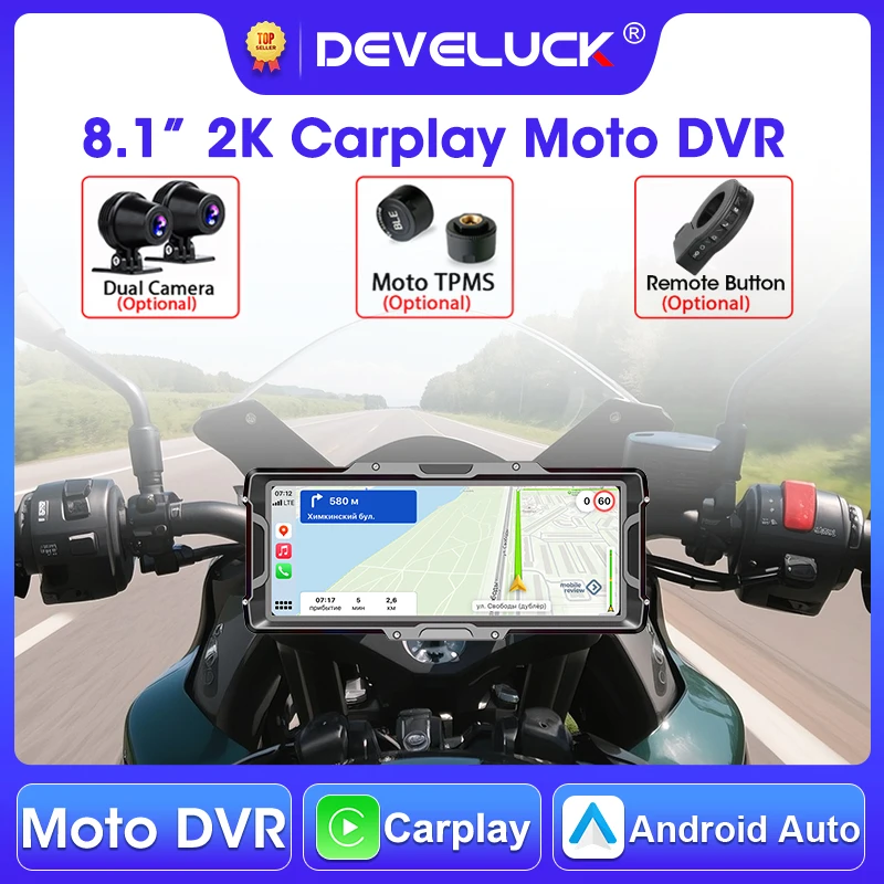 Develuck 8.1 "دراجة نارية DVR 2K كاميرا أمامية الملاحة GPS اللاسلكية Carplay أندرويد السيارات موتو مراقب مع مستشعر TPMS المزدوج BT