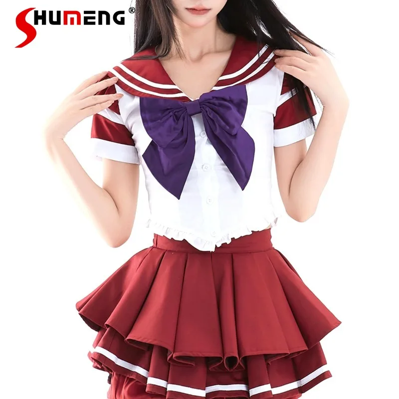 2024 Summer Japanese Lolita Preppy Style JK Short Sleeve Sailor Suit Sweet Beautiful Girl Mini Skirt Two Pieces Sets Y2k Clothes