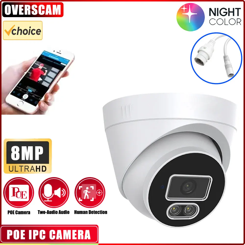 Câmera IP POE de 8MP UltraHD Câmera IP interna externa POE com microfone / áudio Câmeras de vigilância de segurança de 8 megapixels 4K cor noturna