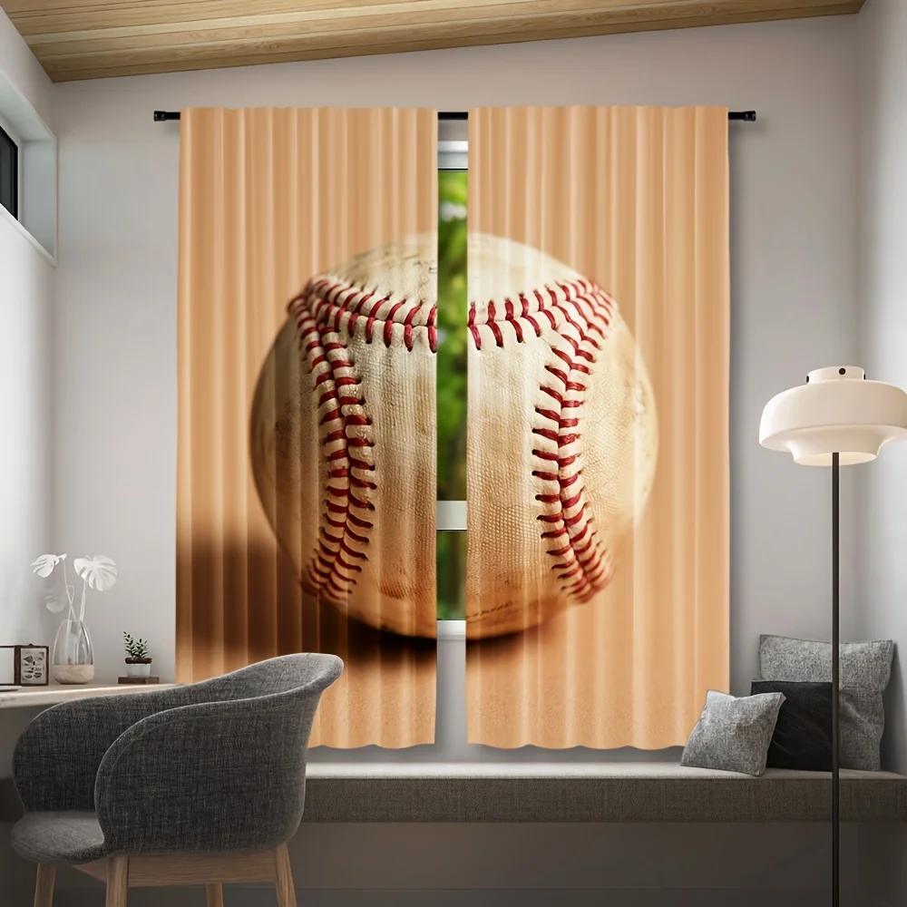 2pcs Vintage Baseball Window Curtains - Rod Pocket Design, Semi-Transparent Polyester with Realistic 3D Baseball Print, Perfect