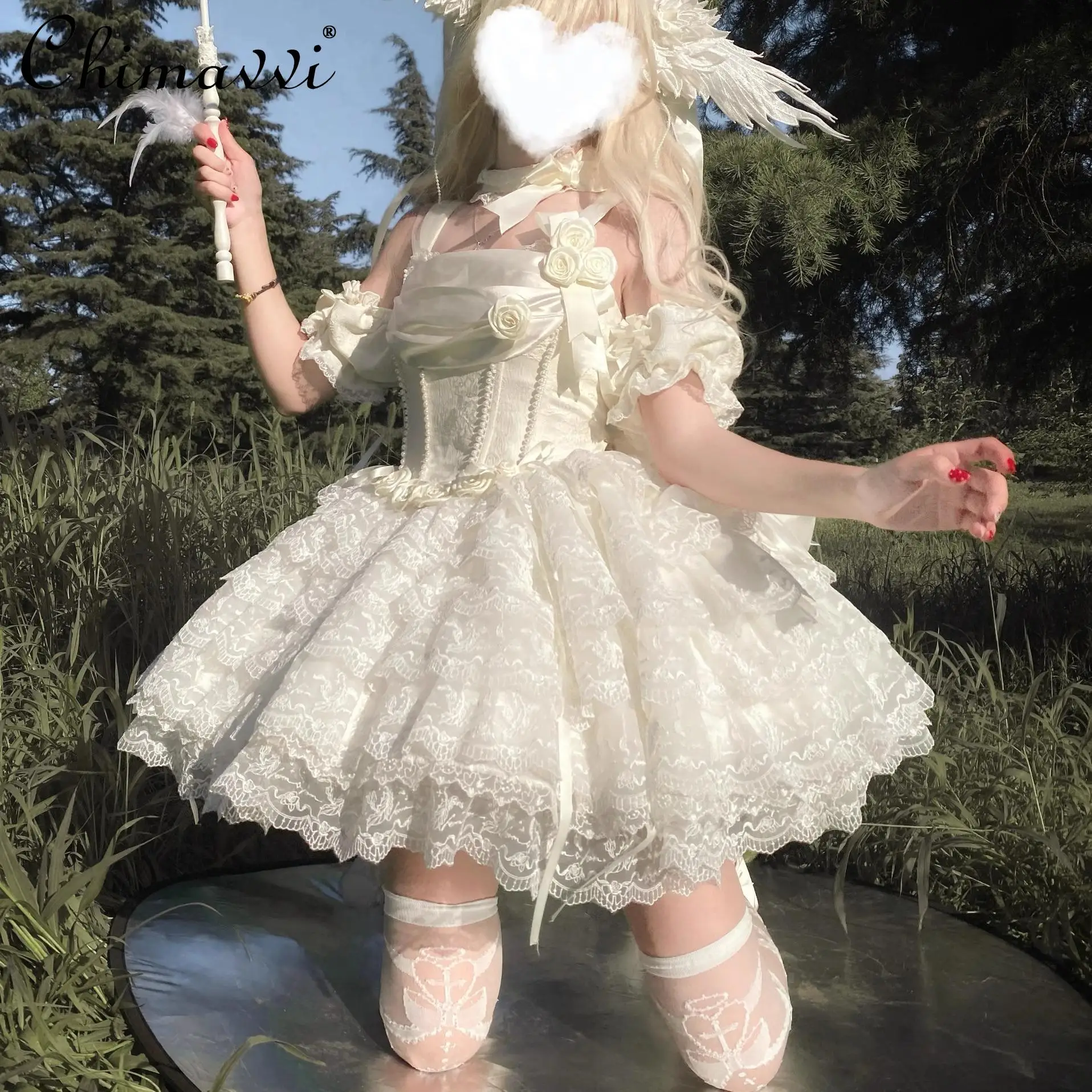 Fairy Lolita Princess Tutu Dress Sweet Women Girls Embroidery Lace Flower Strapless Elegant Mini Jsk Dress with Big Bow Trailing