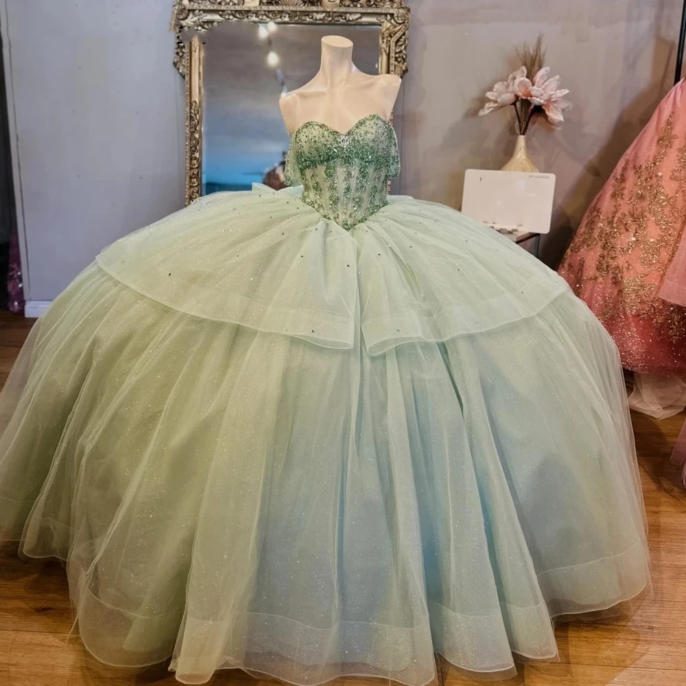 

Мексиканское зеленое платье для Quinceanera, бальное платье, Кружевная аппликация, Женский корсет, милое платье 16, 15 лет, женское платье для выпускного вечера