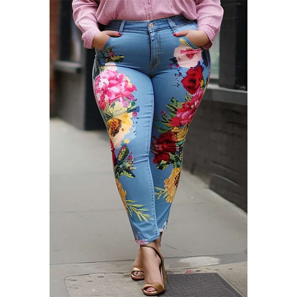 

Plus Size Women's Jeans Casual Fashion Blue Flower Print Spring Summer Pocket Button Nine Point Jeans