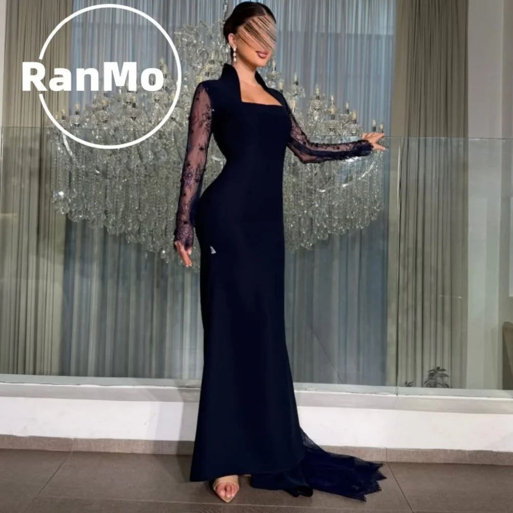 Ranmo Navy Blue Elegant Formal Evening Dresses Long Sleeves Floor-Length Formal Prom Gown Party Dress Dubai New Customized فساتي