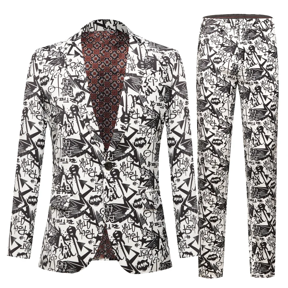 Men‘s Casual Black White Fashion Letter Printing Suit / Male Slim Singer Dancer Stage Rock 2 Pcs Blazers Sets Jacket Pants