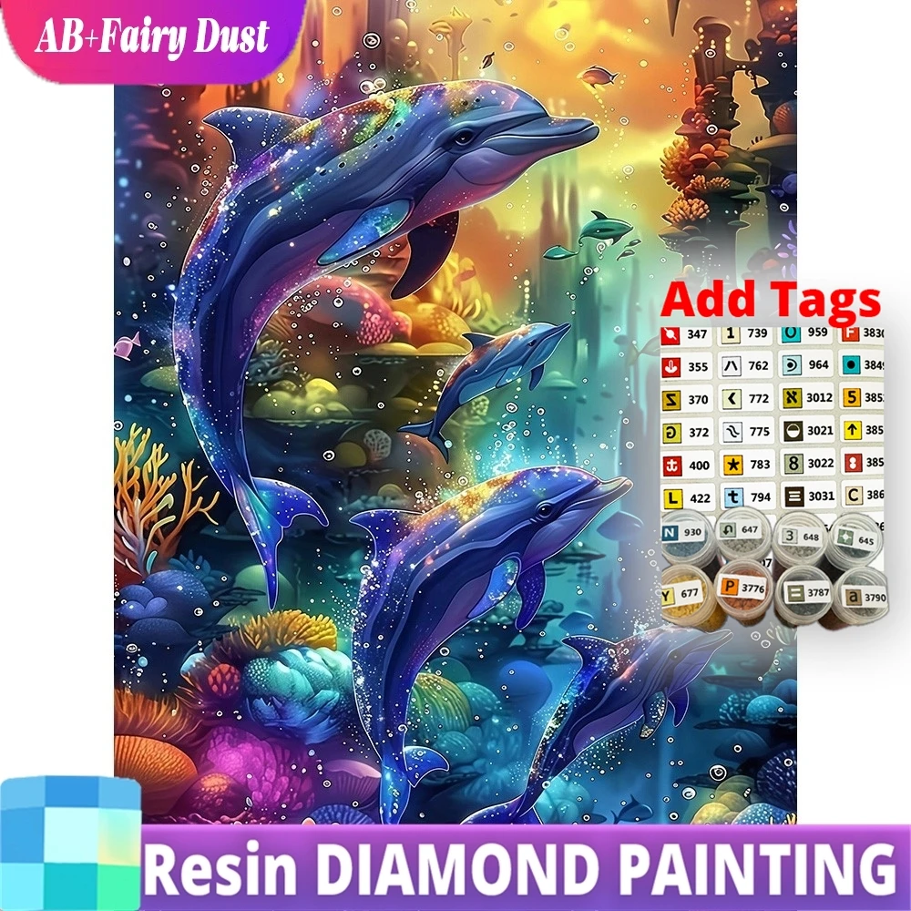 Resin Fairy Dust AB DIY Diamond Painting Dolphin 5D Full Drill Mosaic Sea Embroidery Animal Suitable For Adults Beginners Wall D