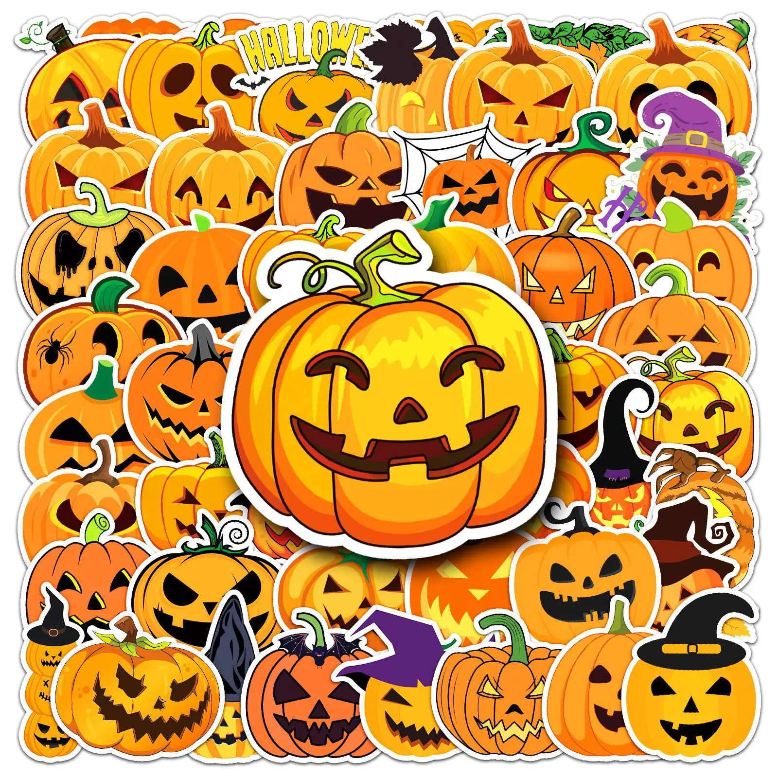 50Pcs/Set Halloween Pumpkin Stickers PVC Waterproof Pumpkin Lantern Vinyl Decals for Laptop Water Bottle Party Decor