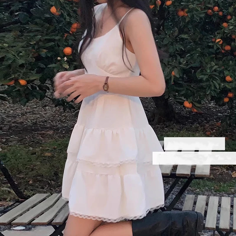 Chic Spring Summer Gentle Personali One-oulder Splice High Waist Slimming White Cake Dr Strapl Dr Women