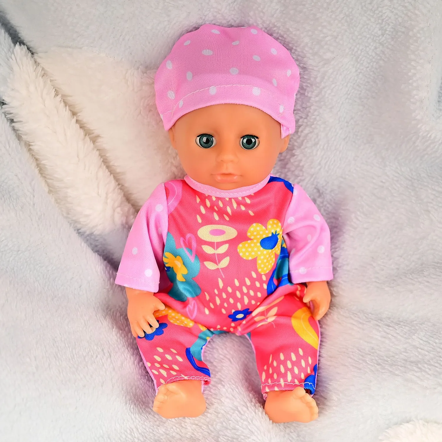 9 Inch Simulated Soft Baby Doll | Open Close Eyes | Pink Flower Jumpsuit & Hat | Perfect Gift for Toddlers Boys Girls 3+ Years