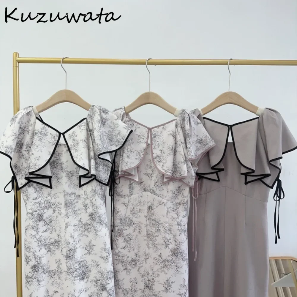 Kuzuwata Elegant Ruffled Sleeveless High Waist Robe Slim Fit Print Panelled Pullover Vestidos Japan New Casual Lace Up Dress